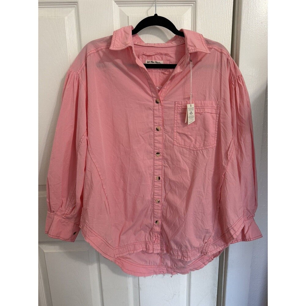 We The Free Button Down Pink Poplin Long Sleeve Shirt Size S Boho Casual
